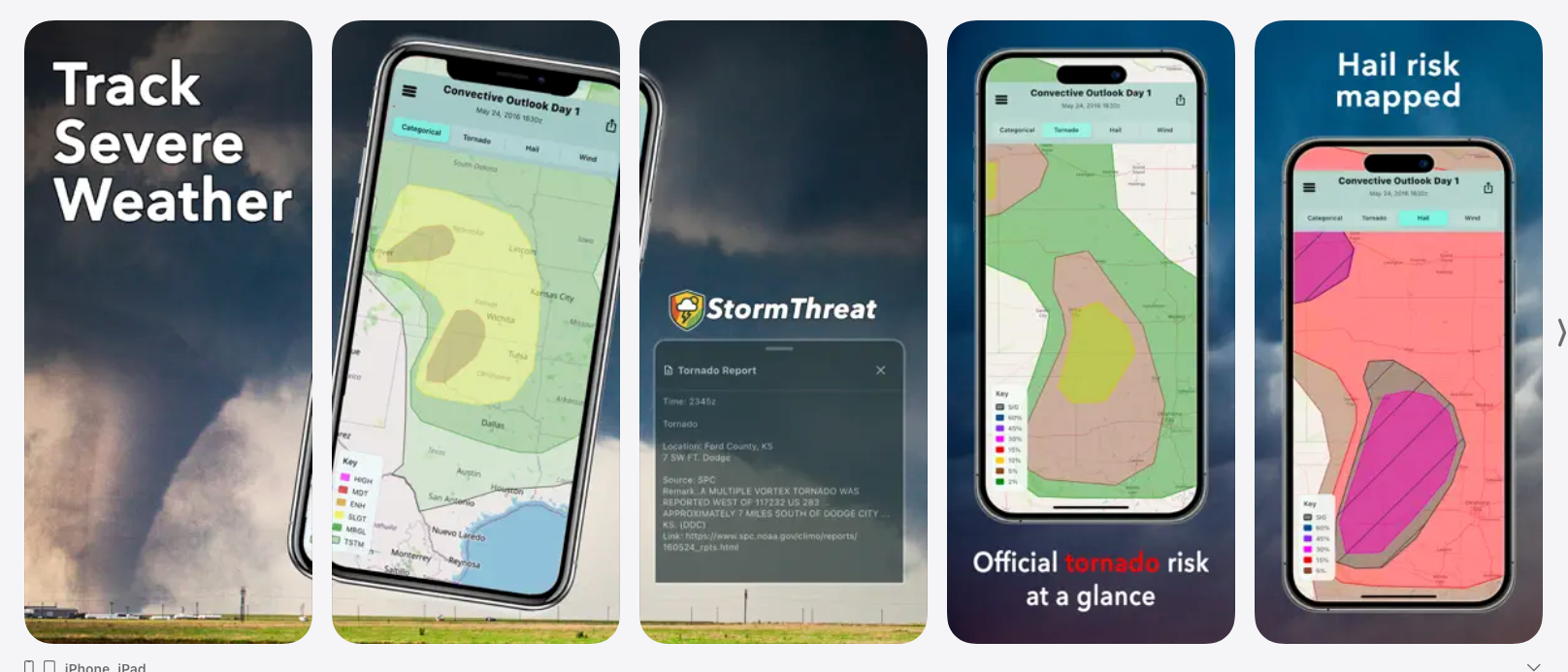 StormThreat app screenshots showing severe weather risk maps
