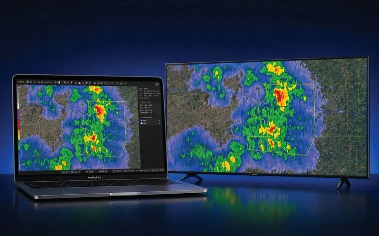 RAVIN Radar showing NEXRAD reflectivity on a MacBook Pro and on a large TV display