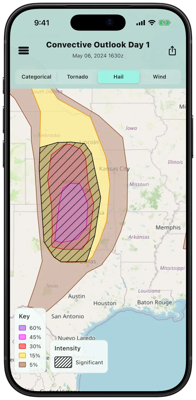 StormThreat hail outlook with significant hail hatching